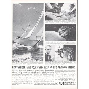 1961 Inco Platinum Metals Vintage Print Ad Sailboat Yacht Satellite Palladium